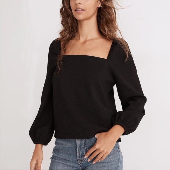 Madewell Crepe Square Neck Puff Sleeve Top Black - Picture 1 of 10